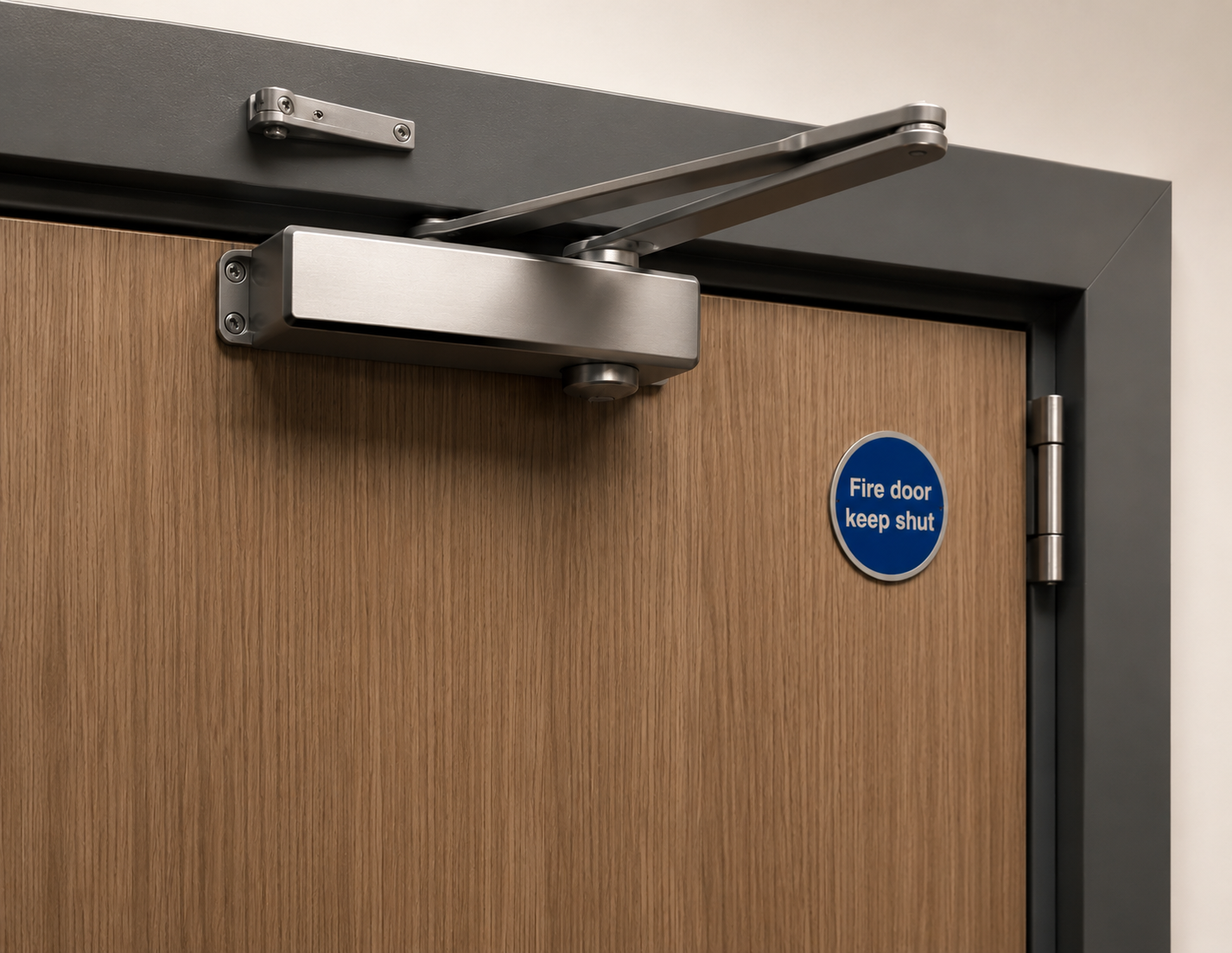 Certified timber fire door fitted with a steel door closer and Fire Door Keep Shut safety sign