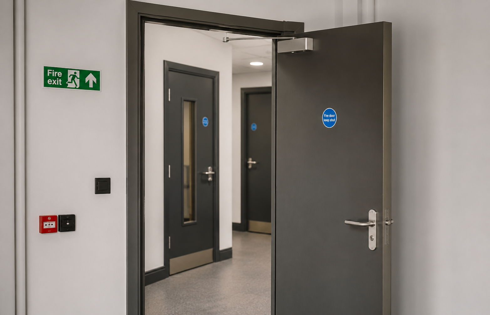 Fire door installer fitting a certified timber fire door in a commercial corridor