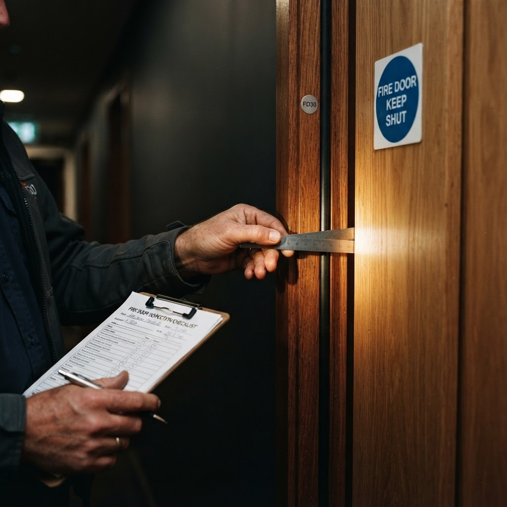 Fire door inspector checking the gap around a certified fire door with a feeler gauge